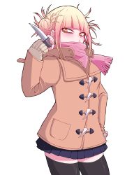 Rule 34 | 1girl, black thighhighs, blonde hair, blue skirt, blunt bangs, boku no hero academia, coat, cowboy shot, double bun, duffel coat, hair bun, hand on own hip, highres, holding, holding knife, holding weapon, knife, messy hair, okumari, pleated skirt, skirt, solo, tagme, thighhighs, thighs, toga himiko, weapon, yellow eyes