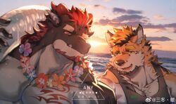 Rule 34 | 2boys, animal ears, bara, beach, black tank top, couple, dating, dragon (any), dragon boy, dragon ears, facial hair, furry, furry male, furry with furry, goatee, happy, highres, huge eyebrows, jaguar boy, large pectorals, looking at viewer, male focus, mature male, multiple boys, muscular, muscular male, nude, original, pectorals, red hair, romg, romg the jaguar, short hair, sidepec, smile, sunset, tank top, thick eyebrows, wet, winters29208178, yaoi