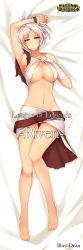 Rule 34 | 1girl, absurdres, bare shoulders, barefoot, bed, belt, breasts, character name, cleavage, copyright name, criss-cross halter, dakimakura (medium), dean (momodean), folded ponytail, full body, groin, halterneck, highres, large breasts, league of legends, legs, looking at viewer, lying, navel, on back, open mouth, pretzel bikini, red eyes, riven (league of legends), short hair, solo, text focus, thigh gap, thighs, torn clothes, white hair