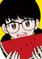 Rule 34 | 1girl, aragon honnin, black-framed eyewear, black hair, brown eyes, food, freckles, fruit, glasses, holding, holding food, holding fruit, jimiko, looking at viewer, open mouth, original, solo, twintails, watermelon, yellow background