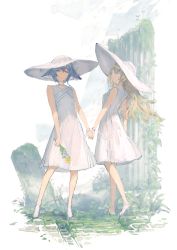 Rule 34 | 2girls, absurdres, animal ears, bandages, bandages over eyes, bare arms, bare legs, black hair, blonde hair, blue eyes, choker, closed mouth, commentary request, dress, expressionless, flower, grass, hat, highres, holding, holding flower, holding hands, huge filesize, long hair, looking at viewer, multiple girls, original, outdoors, parted lips, pillar, plant, ruins, short hair, sleeveless, sleeveless dress, sun hat, sundress, tokiki (tomok1), vines, white background, white choker, white dress, white footwear, white headwear, yellow flower