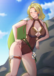 Rule 34 | 1girl, ;), blonde hair, blue eyes, breasts, brown one-piece swimsuit, cape, cleavage, closed mouth, collarbone, commission, earrings, fire emblem, fire emblem: the sacred stones, fire emblem heroes, hand on own hip, highres, jewelry, large breasts, nintendo, one-piece swimsuit, one eye closed, rinku bny, selena (fire emblem: the sacred stones), selena (summer) (fire emblem: the sacred stones), short hair, smile, solo, swimsuit