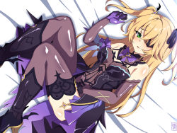 Rule 34 | 1girl, bare shoulders, bed sheet, black dress, black footwear, blonde hair, blush, boots, breasts, commentary request, detached collar, dress, eyepatch, fischl (genshin impact), genshin impact, gloves, green eyes, hand up, high heel boots, high heels, highres, knee boots, knees up, long hair, looking at viewer, lying, medium breasts, parted lips, sebunsu, short dress, solo, thighhighs, thighs, two-tone gloves, two side up