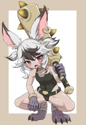 Rule 34 | 1girl, animal ears, bandages, belt, black leotard, blush, bracelet, character request, claws, club, club (weapon), fang, gluteal fold, grey hair, highres, huge weapon, jewelry, keven (ewdx3754), leotard, looking at viewer, monster girl, open mouth, rabbit ears, red eyes, ring, short hair, solo, spiked club, spread legs, squatting, thighs, tower of saviors, two side up, weapon