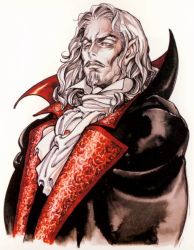 Rule 34 | 1boy, castlevania (series), castlevania: symphony of the night, ascot, dracula, dracula (castlevania), facial hair, goatee, jpeg artifacts, kojima ayami, konami, male focus, manly, mustache, official art, pale skin, pointy ears, profile, red eyes, solo, vampire, white hair