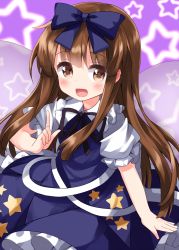 Rule 34 | 1girl, :d, blue dress, blush, bow, brown eyes, brown hair, crescent moon, dress, fairy wings, gradient background, hair bow, hair ornament, highres, long hair, looking at viewer, moon, open mouth, puffy short sleeves, puffy sleeves, ribbon, ruu (tksymkw), shirt, short sleeves, smile, solo, star (symbol), star sapphire, starfish, starry background, touhou, very long hair, wings