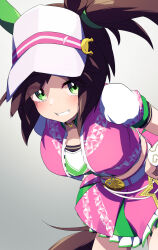 Rule 34 | 1girl, animal ears, belt, bent over, black hair, blush, breasts, commentary request, freckles, green eyes, grin, hakusai o m t, highres, horse ears, horse girl, horse tail, ines fujin (umamusume), large breasts, looking at viewer, medal, medium hair, midriff, simple background, smile, solo, tail, umamusume, visor cap, white background