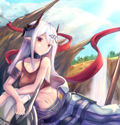 Rule 34 | 1girl, absurdres, arknights, armband, bare shoulders, black choker, blue sky, chinese commentary, choker, cloud, commentary request, crop top, day, highres, horns, huge filesize, infection monitor (arknights), long hair, looking at viewer, midriff, mudrock (arknights), navel, noirl, outdoors, pants, pointy ears, red eyes, sarashi, sidelocks, silver hair, sky, solo, sports bra, stomach, sweat, water, waterfall, white pants