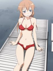 Rule 34 | bikini, blue eyes, blush, charlotte e. yeager, embarrassed, highres, red hair, screencap, stitched, strike witches, swimsuit, third-party edit, unzipped, world witches series