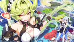 Rule 34 | 2girls, ai-chan (chrono navi) (honkai impact), ai-chan (honkai impact), black dress, black skirt, blue eyes, breasts, checkered hairband, dress, fingerless gloves, gloves, green hair, grey hair, hairband, highres, honkai (series), honkai impact 3rd, large breasts, long hair, multiple girls, official art, official wallpaper, orange eyes, red hair, side ponytail, skirt, theresa apocalypse, theresa apocalypse (twilight paladin), thighhighs, very long hair, white gloves, white thighhighs