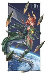 Rule 34 | 1girl, bare shoulders, breasts, commentary, dragon girl, dragon horns, dragon tail, earth (planet), english commentary, full body, grin, highres, horns, jacket, long hair, looking at viewer, low ponytail, mecha musume, off shoulder, orange hair, original, pelvic curtain, planet, pointy ears, signature, small breasts, smile, solo, space, tail, yellow eyes, zen (jirakun)