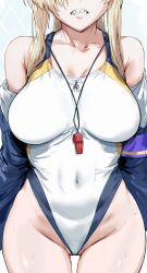 Rule 34 | 1girl, absurdres, bare shoulders, blonde hair, blue archive, blue jacket, breasts, collarbone, covered navel, hews, highleg, highleg swimsuit, highres, jacket, kanna (blue archive), kanna (swimsuit) (blue archive), large breasts, long hair, long sleeves, official alternate costume, one-piece swimsuit, sharp teeth, simple background, solo, swimsuit, teeth, thigh gap, whistle, whistle around neck, white background, white one-piece swimsuit