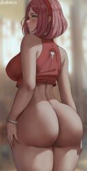 Rule 34 | 1girl, alternate breast size, artist name, ass, back, bare shoulders, blurry, blurry background, blush, boruto: naruto next generations, bottomless, bracelet, breasts, cowboy shot, facial mark, forehead mark, green eyes, haruno sakura, highres, huge ass, jewelry, large breasts, looking at viewer, looking back, naruto (series), oroborus, pink hair, short hair, solo, standing, thick thighs, thighs, wide hips