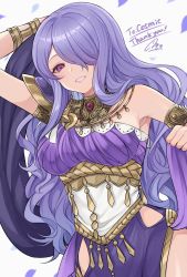 Rule 34 | 1girl, armlet, banned artist, bare shoulders, bracelet, breasts, brooch, camilla (fire emblem), cosplay, dancer, dancer (fire emblem: three houses), dress, fire emblem, fire emblem: three houses, fire emblem fates, grin, hair over one eye, highres, hip vent, jewelry, large breasts, long hair, looking at viewer, marianne von edmund (cosplay), nintendo, purple dress, purple eyes, purple hair, shimizu akina, smile, solo, upper body, very long hair