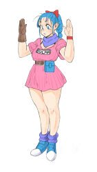 Rule 34 | 1girl, :o, bare legs, belt, blue eyes, blue hair, bow, breasts, brown gloves, bulma, character name, clothes writing, dragon ball, dragon ball (classic), dress, eyelashes, full body, gloves, hair bow, high ponytail, highres, long hair, medium breasts, open mouth, pink dress, ponytail, red bow, short sleeves, simple background, single glove, solo, standing, toshinoshin, white background
