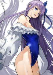 Rule 34 | 1girl, absurdres, bare shoulders, blue bow, blue eyes, blue one-piece swimsuit, bow, breasts, choker, collarbone, covered navel, fate/grand order, fate (series), flat chest, frills, hair bow, highleg, highleg swimsuit, highres, long hair, long sleeves, looking at viewer, meltryllis, meltryllis (fate), meltryllis (swimsuit lancer) (fate), meltryllis (swimsuit lancer) (second ascension) (fate), one-piece swimsuit, open mouth, puffy sleeves, purple hair, sleeves past fingers, sleeves past wrists, smile, solo, swimsuit, thighs, very long hair, water drop, white background, yoshio (55level)