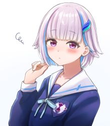 Rule 34 | 1girl, blue hair, blunt bangs, blush, closed mouth, ene mizunoawa, hair ornament, hand up, highres, lize helesta, long sleeves, looking at viewer, multicolored hair, nijisanji, purple eyes, short hair, simple background, solo, two-tone hair, virtual youtuber, white background, white hair