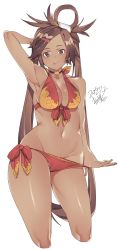 Rule 34 | 1girl, arm behind head, arm up, armpits, bare shoulders, bikini, breasts, brown eyes, brown hair, cleavage, commentary request, dark-skinned female, dark skin, guilty gear, hair ornament, hairclip, highres, kuma (jk0073), kuradoberi jam, long hair, looking at viewer, medium breasts, navel, pulled by self, red bikini, shiny skin, signature, simple background, stomach, swimsuit, thighs, tongue, tongue out, white background