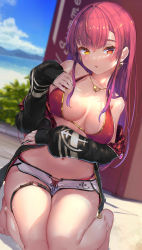 Rule 34 | 1girl, absurdres, akasaai, anchor print, arrow through heart, beach, bikini, bikini shorts, bikini under clothes, black jacket, blush, breasts, cleavage, earrings, hair down, heart, heart earrings, heart necklace, heterochromia, highres, hololive, houshou marine, houshou marine (summer), jacket, jewelry, kneeling, large breasts, legs together, long hair, looking at viewer, mismatched bikini, navel, necklace, o-ring, o-ring thigh strap, off shoulder, official alternate costume, open mouth, parted lips, plaid, red bikini, red eyes, red hair, sand, short shorts, shorts, sleeves past wrists, solo, swimsuit, teeth, thigh strap, thighs, upper teeth only, virtual youtuber, water, yellow eyes