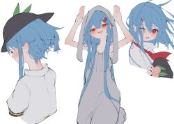 Rule 34 | 1girl, adapted costume, alternate hair length, alternate hairstyle, animal hood, arms up, black headwear, blue hair, blush, collarbone, collared shirt, hair between eyes, hair ornament, hairpin, hat, unworn hat, head tilt, unworn headwear, highres, hinanawi tenshi, holding, holding clothes, holding hat, hood, hood up, leaf hat, long hair, looking at viewer, nape, neckerchief, one eye closed, open mouth, peach hat ornament, popped collar, puffy short sleeves, puffy sleeves, rabbit hood, red eyes, red neckerchief, shirt, short hair, short sleeves, simple background, touhou, tsune (tune), upper body, very long hair, white background, white shirt