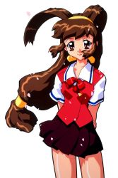 Rule 34 | 1990s (style), 1girl, antenna hair, arms behind back, battle athletes, brown hair, cherry blossoms, cowboy shot, highres, kanzaki akari, long hair, low-tied long hair, miniskirt, official art, pleated skirt, red eyes, red skirt, retro artstyle, school uniform, short sleeves, simple background, skirt, smile, solo, white background