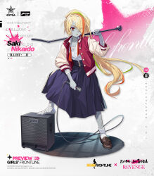 Rule 34 | 1girl, ankle socks, bandages, blonde hair, blue skirt, brown footwear, cable, character name, collarbone, colored skin, commentary, crossover, english commentary, eyes visible through hair, full body, girls&#039; frontline, green eyes, grey skin, hair over one eye, high-waist skirt, highres, holding, holding microphone, holding microphone stand, jacket, letterman jacket, long hair, looking at viewer, microphone, microphone stand, multicolored clothes, multicolored hair, multicolored jacket, necktie, nikaidou saki, official art, open clothes, open jacket, open mouth, orange hair, orange necktie, pleated skirt, ponytail, red eyes, red jacket, scar, scar on arm, scar on face, scar on leg, shirt, shirt tucked in, shoes, short sleeves, single shoe, skirt, socks, solo, speaker, streaked hair, triangle mouth, two-tone jacket, unbuttoned, unbuttoned shirt, undone necktie, white shirt, white socks, yitiao er-hua, zombie, zombie land saga