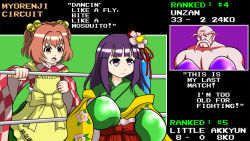 Rule 34 | 1boy, 2girls, apron, bell, boxing gloves, boxing ring, character name, checkered clothes, checkered kimono, checkered shirt, clothes writing, flower, green kimono, hair bell, hair flower, hair ornament, hieda no akyuu, japanese clothes, jingle bell, kimono, motoori kosuzu, multiple girls, nintendo, parody, punch-out!!, purple eyes, purple hair, red eyes, red hair, romaji text, shirt, short hair, sutekase, touhou, twintails, two side up, unzan, wide sleeves, yellow apron, yellow sleeves