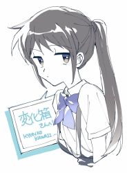 Rule 34 | 1girl, blue bow, blue bowtie, bow, bowtie, closed eyes, commentary request, genderswap, genderswap (mtf), kyonko, limited palette, long hair, looking at viewer, mochoeru, ponytail, shirt, short sleeves, solo, suzumiya haruhi no yuuutsu, translation request, upper body