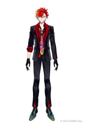 Rule 34 | 1boy, asymmetrical bangs, black gloves, black jacket, black pants, blouse, closed mouth, earrings, formal, full body, gloves, green eyes, highres, hizaki gamma, holostars, jacket, jewelry, light smile, looking at viewer, male focus, mismatched earrings, multicolored hair, multicolored necktie, necktie, orange hair, pants, red hair, red shirt, shirt, shoes, short hair, simple background, solo, streaked hair, striped clothes, striped shirt, suit, tatsuta age, vertical-striped clothes, vertical-striped shirt, virtual youtuber, white background