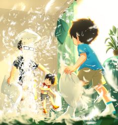 Rule 34 | 3boys, age difference, black hair, child, closed eyes, clothes lift, commentary, father and son, holding, holding pillow, male focus, midriff peek, multiple boys, navel, original, phamquo35059479, pillow, pillow fight, pillow grab, short hair, short sleeves, shorts