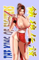 Rule 34 | 1girl, bare shoulders, breasts, brown eyes, brown hair, cleavage, folded fan, clothes lift, fatal fury, fingerless gloves, folding fan, gloves, hand fan, high ponytail, huge breasts, panties, pelvic curtain, ponytail, shiranui mai, side slit, skirt, skirt lift, snk, solo, the king of fighters, thighs, underwear, upskirt, wakino keibun