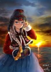 Rule 34 | 1girl, 9a-91 (girls&#039; frontline), artist name, ayam (clothes), blue eyes, blurry, blush, bokeh, braid, breasts, chima (clothes), cloud, cloudy sky, commentary request, dated, depth of field, dusk, fur-trimmed jacket, fur trim, girls&#039; frontline, hair between eyes, hair ornament, hair over shoulder, hanbok, hand on own face, hat, highres, hue301, jacket, jeogori (clothes), jokki (clothes), korean clothes, korean commentary, light particles, long hair, long sleeves, looking at viewer, md5 mismatch, medium breasts, ocean, resolution mismatch, revision, signature, silver hair, single braid, sky, solo, source smaller, standing, star (symbol), star hair ornament, sun, sunlight, sunset, tareme, traditional clothes, very long hair, water