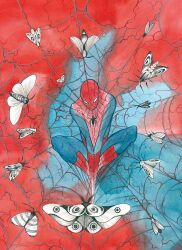 Rule 34 | 1boy, animal print, bug, butterfly, commentary request, highres, insect, marvel, moth, peach momoko, silk, solo, spider-man, spider-man (series), spider print, spider web, spider web print, superhero costume, two-tone bodysuit