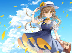 Rule 34 | 1girl, arm up, blue dress, blue sky, brown eyes, brown hair, closed mouth, cloud, commentary request, day, dress, earrings, flower, hair between eyes, hair ornament, hairclip, hand on headwear, hat, hat flower, holding, jewelry, long hair, low twintails, original, outdoors, petals, pink flower, pleated skirt, shirako miso, short sleeves, skirt, sky, smile, solo, suitcase, twintails, white hat, wide sleeves, wrist cuffs, yellow flower