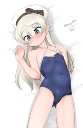 Rule 34 | 1girl, absurdres, blue eyes, blue one-piece swimsuit, breasts, competition school swimsuit, covered navel, cowboy shot, criss-cross halter, gluteal fold, grey hair, hair between eyes, halterneck, hat, highres, javelin (kancolle), kantai collection, long hair, loose hair strand, lying, maru (marg0613), one-hour drawing challenge, one-piece swimsuit, sailor hat, school swimsuit, small breasts, solo, swimsuit, white hat