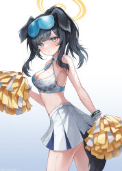 Rule 34 | 1girl, animal ears, bare arms, bare shoulders, black hair, blue archive, blue eyes, blush, breasts, cheerleader, cleavage, closed mouth, collarbone, cowboy shot, crop top, dog ears, dog girl, dog tail, eyewear on head, goggles, goggles on head, gradient background, halo, heeri, hibiki (blue archive), hibiki (cheer squad) (blue archive), highres, holding, holding pom poms, long hair, looking at viewer, medium breasts, millennium cheerleader outfit (blue archive), miniskirt, official alternate costume, pleated skirt, pom pom (cheerleading), pom poms, skirt, solo, standing, star sticker, sticker on face, sunglasses, sweat, tail, text print, white skirt, yellow halo