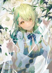 Rule 34 | 1girl, antlers, aqua hair, blue dress, braid, breasts, ceres fauna, cleavage, colored tips, dress, fingernails, flower, green hair, hair between eyes, hair flower, hair ornament, highres, hololive, hololive english, horns, large breasts, light smile, long hair, multicolored hair, nachoz (nachozart), solo, virtual youtuber, white flower, yellow eyes