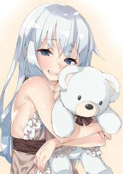 Rule 34 | 10s, 1girl, :d, bad id, bad twitter id, blue eyes, breasts, ebifurya, gradient background, hibiki (kancolle), highres, inactive account, kantai collection, lingerie, negligee, hugging object, open mouth, silver hair, simple background, small breasts, smile, solo, stuffed animal, stuffed toy, teddy bear, underwear, underwear only