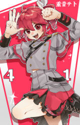 Rule 34 | 1girl, black footwear, boots, buttons, double-breasted, drill hair, grey jacket, grey skirt, hands up, highres, jacket, kasane teto, kasane teto (sv), leg up, open mouth, outline, pink background, pink hair, pink skirt, red eyes, shoulder belt, shoulder strap, skirt, sleeve cuffs, solo, sparkle, synthesizer v, twin drills, user twkd4532, white background, white outline