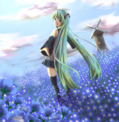 Rule 34 | 1girl, aqua eyes, blue theme, boots, cloud, cloudy sky, day, detached sleeves, dutch angle, field, flower, flower field, from behind, green hair, happy, hatsune miku, long hair, looking back, miniskirt, nemophila (flower), outdoors, outstretched arms, reaching, skirt, sky, solo, spread arms, standing, taka (tamtam na), thigh boots, thighhighs, twintails, very long hair, vocaloid, windmill