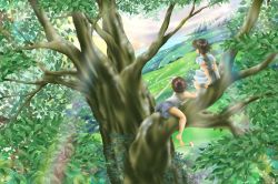 Rule 34 | 1boy, 1girl, child, in tree, landscape, mitu, nature, scenery, sitting, sitting in tree, tree