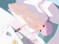 Rule 34 | 1girl, absurdres, bra, chips (food), couch, drink, food, game console, highres, hololive, looking at viewer, minato aqua, panties, pillow, purple eyes, purple hair, room, sukesan (user pyhe5555), underwear, virtual youtuber, white bra, white panties