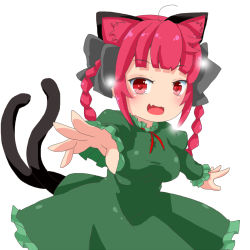 Rule 34 | 1girl, animal ears, braid, cat ears, cat tail, dress, fang, foreshortening, green dress, highres, himenomikan, kaenbyou rin, multiple tails, nekomata, open mouth, outstretched hand, red eyes, red hair, solo, tail, touhou, two tails