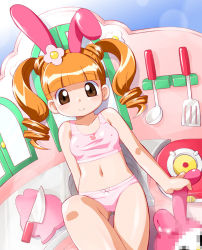 Rule 34 | 00s, 1girl, animal ears, blush, bra, breasts, censored, covered erect nipples, hair ornament, identity censor, kitchen, knife, lingerie, lying, mosaic censoring, my melody, onegai my melody, panties, rabbit ears, sanrio, sitting, small breasts, smile, solo, spatula, sports bra, twintails, underwear, underwear only, yumeno uta