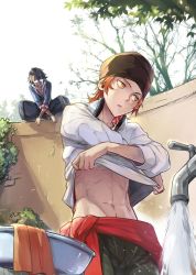 Rule 34 | 10s, 2boys, beanie, black hair, faucet, fushimi saruhiko, glasses, hat, highres, k-project, linjie, male focus, multiple boys, nature, navel, outdoors, plant, red hair, undressing, water, yata misaki, yellow eyes, you gonna get raped