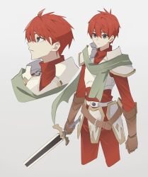 Rule 34 | 1boy, adol christin, ahoge, ancient ys vanished, armor, brown eyes, brown gloves, commentary request, double-parted bangs, george man, gloves, hair between eyes, highres, holding, holding sword, holding weapon, pauldrons, red hair, scarf, short hair, shoulder armor, simple background, solo, sword, weapon, white background, ys