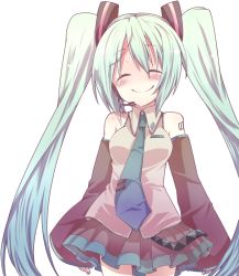 Rule 34 | 1girl, aqua hair, bad id, bad pixiv id, blush, colorized, detached sleeves, female focus, hatsune miku, headphones, headset, long hair, monako, necktie, simple background, skirt, smile, solo, twintails, very long hair, vocaloid, white background