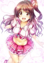 Rule 34 | 10s, 1girl, blush, bow, brown eyes, brown hair, buttons, hair bow, heart, idolmaster, idolmaster cinderella girls, long hair, looking at viewer, ment, midriff, navel, open mouth, pink shirt, pink skirt, plaid, plaid bow, plaid skirt, puffy short sleeves, puffy sleeves, shimamura uzuki, shirt, short sleeves, side ponytail, skirt, smile, solo, sparkle, wavy hair