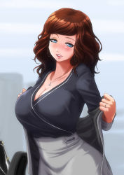 Rule 34 | 1girl, artofhuan, black shirt, blue eyes, blush, breasts, brown hair, cleavage, grey skirt, high-waist skirt, highres, jewelry, large breasts, long hair, looking at viewer, mature female, mole, mole under eye, mole under mouth, moriya meguri (artofhuan), necklace, office lady, original, parted lips, ring, shirt, shirt tucked in, skirt, smile, solo, swept bangs, unworn blazer, wavy hair