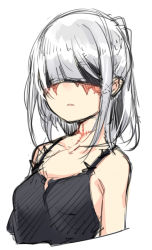 Rule 34 | 1girl, bare shoulders, breasts, facing viewer, hair over eyes, highres, medium breasts, original, otokuyou, parted lips, scar, short hair, simple background, sketch, solo, white background, white hair